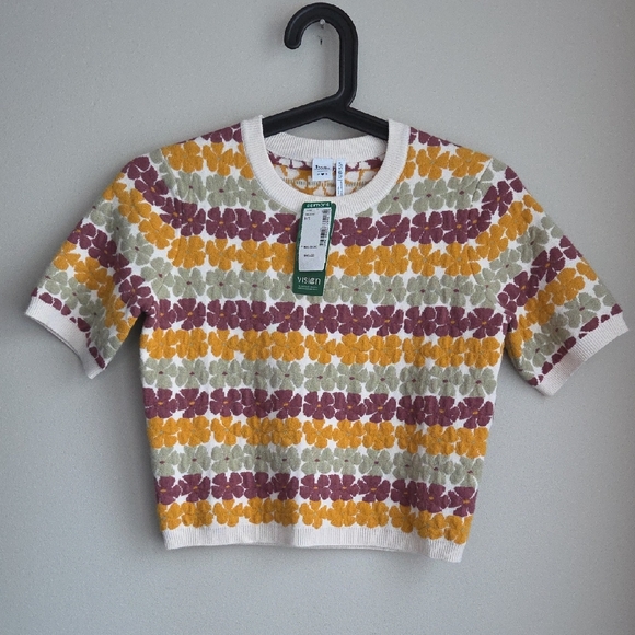 twik Tops - Twik Multicolor Floral Crew Neck Crop Sweater T Shirt Short Sleeve S